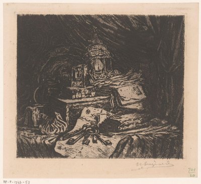Stilleben med nycklar och lykta av Henri Charles Guérard (signed by artist)
