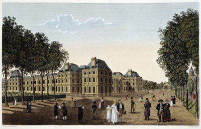 Trädgården och Palais du Luxembourg sett från terrassen på det lilla Luxemburg. Gravyr av Courvoisier av Henri Courvoisier-Voisin