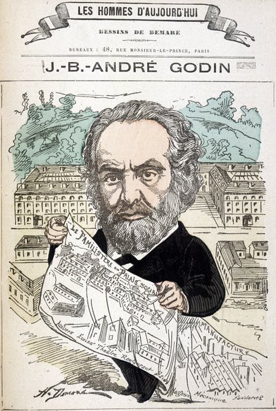 Jean Baptiste André Godin (1817-1888), industrigrundare av familjen. Teckning av Demare i "The men of today"". av Henri Demare