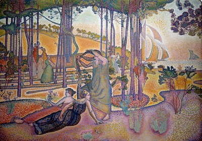 Kvällsluften. Kvinnor i gräset vid skogen. Målning av Henri Delacroix Dit Cross (Henri Edmond Cross) (1856-1910) av Henri Edmond Cross
