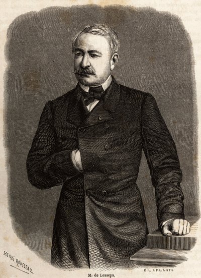 Porträtt av Ferdinand de Lesseps (1805-1894) diplomat och entreprenör, initiativtagare till de två ambitiösa projekten: Suez- och Panamakanalerna, teckning av Henri Rousseau, för att illustrera en utflykt till Suezkanalen 1862 av Paul Merruau. Gravyr i "" av Henri Emilien Rousseau