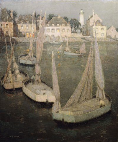 Breton Port by Moonlight; Port Breton av Moonlight av Henri Eugene Augustin Le Sidaner