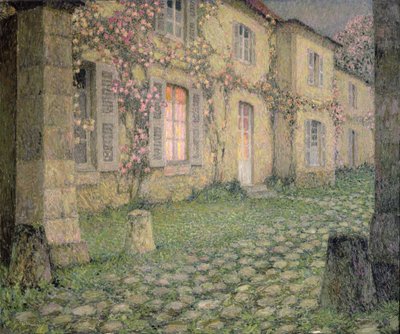 Hus med rosor i skymningen, c.1928 av Henri Eugene Augustin Le Sidaner