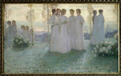 På söndagen pratade en vitklädd kvinna i en trädgård - Målning av Henri Eugene (Henri-Eugene) Le Sidaner (1862-1939) av Henri Eugene Augustin Le Sidaner
