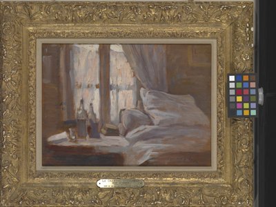 Sovrummet (olja på trä) av Henri Eugene Augustin Le Sidaner