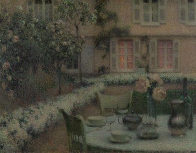 Bordet i den vita trädgården på Gerberoy, ca 1900 (olja på duk) av Henri Eugene Augustin Le Sidaner
