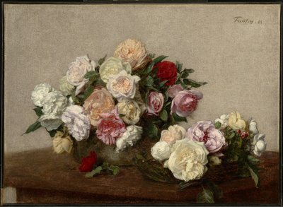 Rosor i en skål och på ett fat av Henri Fantin-Latour