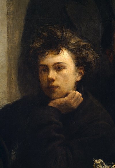 Ett hörnbord, detalj. Porträtt av Arthur Rimbaud (1854 - 1891), fransk poet. Målning av Henri Fantin Latour (Fantin-Latour av Ignace Henri Jean Fantin Latour