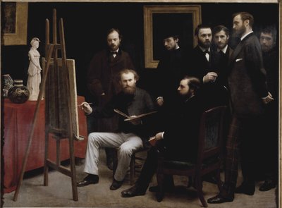 En workshop på Batignolles (med flera porträtt av konstnär) (olja på duk av Ignace Henri Jean Fantin-Latour