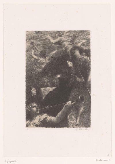 Berlioz dirigerar mellan fyra trumpetblåsande änglar Tuba mirum spargens sonum Hector Berlioz liv och verk (serietitel) av Ignace Henri Jean Fantin Latour