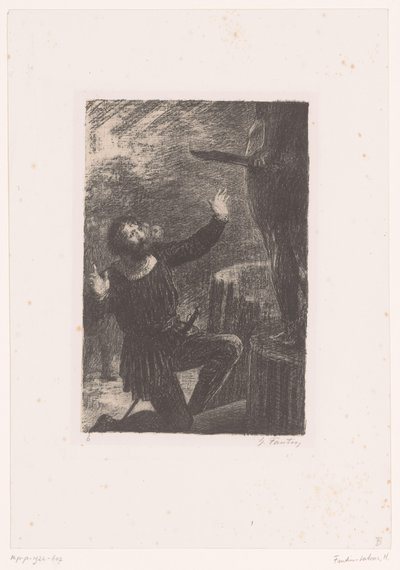 Cellini knäböjer framför sin bronsstaty av Perseus Benvenuto Cellini. Akt III. La Fonte du Persee Hector Berlioz liv och verk (serietitel) av Ignace Henri Jean Fantin Latour
