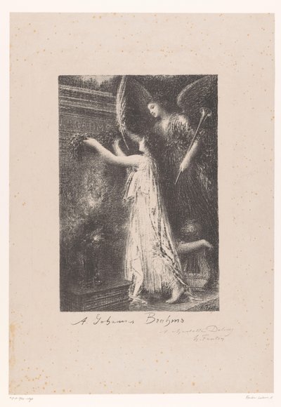 Ängel och personifiering av berömmelse ger en hederskrans vid Johannes Brahms grav Á Johannes Brahms (titel på objekt) av Ignace Henri Jean Fantin Latour