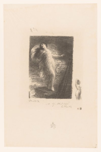 Jonge kvinna ut Taranto valt van de boeg van ett fartyg Den unge Tarentinen Elegy XX (I gammal stil) Gedichten van André Chénier (serietitel) Illustrationer till André Chéniers dikter (serietitel) av Ignace Henri Jean Fantin-Latour