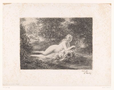 Nymf med vattenkanna vid en skogsbäck La source dans les bois (titel på objekt) av Ignace Henri Jean Fantin-Latour