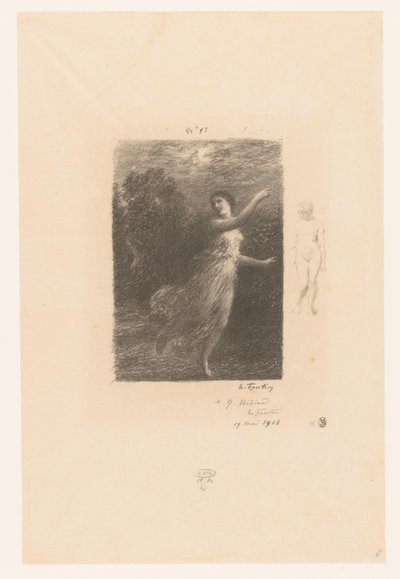 Nimf flight weg för sater På natten den vandrande nymfen Bukoliker. Idyller och fragment av idyller. XXIV Gedichten van André Chénier (serietitel) Illustrationer till André Chéniers dikter (serietitel) av Ignace Henri Jean Fantin Latour