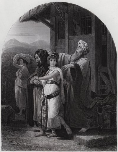 Rebeckas avgång (gravyr) av Henri Frederic (after) Schopin