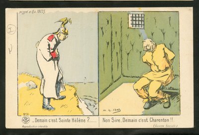 Postkarte, Satirisch in Farben: Morgen ist Sankt Helene? Nein, Sire. Morgen ist Charenton - Krieg von 14-18, Wahnsinn - Wilhelm II Illustration von H. G. Ibels von Henri-Gabriel Ibels