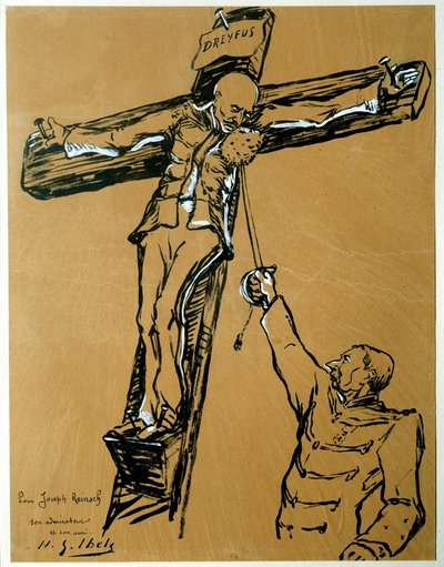 Satir om Dreyfus-affären: "" Kapten Dreyfus och general Mercier (1833-1921): krigsministern som dömde Dreyfus, i den romerske soldatens ställe, sträcker ut en svamp till kapten Dreyfus korsfäst så att han torkar sitt ansikte" ” Kinesiskt bläck och gouac av Henri Gabriel Ibels