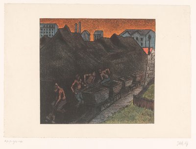 Fyra gruvarbetare skyfflar kol i vagnar Au parc de charbon Föreställningar av Théâtre Libre (serietitel) Les Programs du Théâtre Libre (serietitel) av Henri Gabriel Ibels