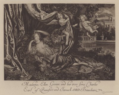 Nell Gwyn och hennes två söner, Charles, Earl of Burford, och James, Lord Beauclerk (gravyr) av Henri Gascar