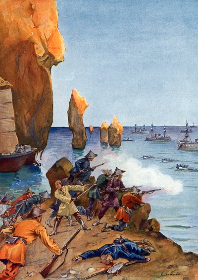 Kolonisierung von Tonkin: Der französische Admiral Amédée Courbet führt seine Flotte in die Along-Bucht (Ha Long) im August 1883, Vietnam von Henri-Gaston Darien