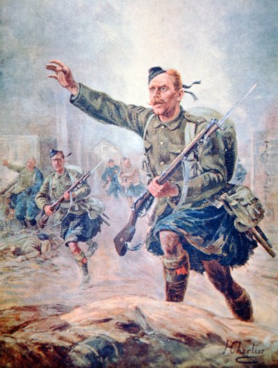 Scots Highlander bär kilt i strid på västfronten (färg litho) av Henri Georges Jacques (after) Chartier