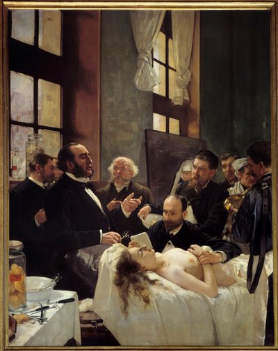 Dr Jules Emile (Jules-Emile) Pean (1830-1898) undervisade vid Saint Louis sjukhus sin upptäckt av att fartyg klämdes eller ""Före operationen"" Målning av Henri Gervex (1852-1929) 1887 Sön. 2,42x1,88 m Paris, musee d
