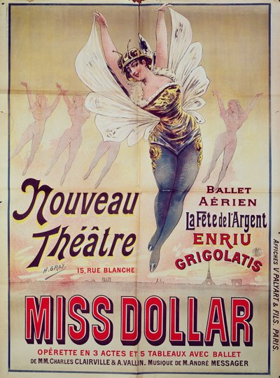 Affisch för baletten Aerien La Fete de lArgent och operetten Miss Dollar, producerad på Nouveau Theatre, rue Blanche, Paris, 1893 av Henri Gray