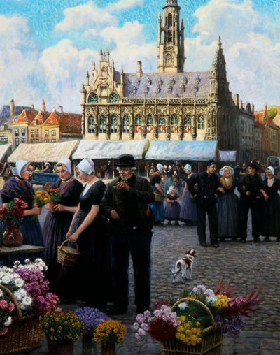 Blomstermarknaden i Middelburg (olja på duk) av Henri Houben
