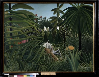 Häst attackerad av en jaguar. Målning av Henri Rousseau kallad Douanier Rousseau (1844-1910) av Henri J.F. Rousseau