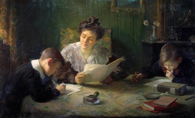 Läxor En mamma hjälper barn att göra sina läxor. Målning av Henri Jamet (1858-1940) 1900-talets Orleans, Musee des Beaux Arts av Henri Jamet