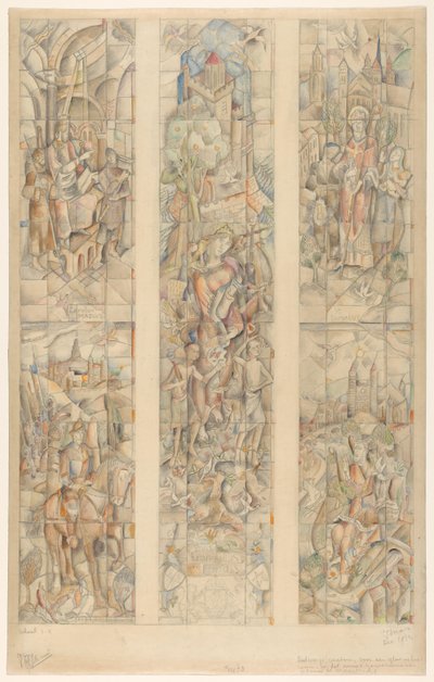 Designkartong för ett målat glasfönster, i den nya regeringsbyggnaden i Maastricht (originaltitel på objektet) av Henri Jonas (signed by artist)
