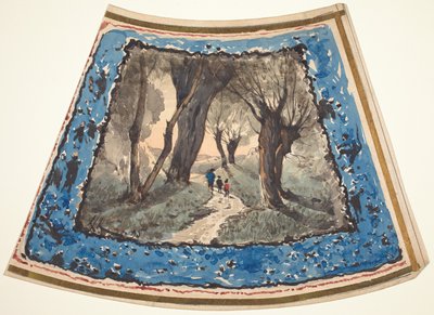 Resenärer på en skogbevuxen stig med en gräns av nyckfulla figurer och apor av Henri Joseph Harpignies
