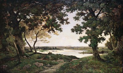 Skogbevuxen landskap med en sandig flod, 1882 av Henri Joseph Harpignies