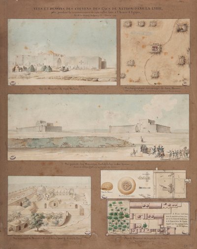 Sex vyer och teckningar av sjön Natron i Libyen, gjorda under den egyptiska arméns spaningsuppdrag ledd av general Andreossy, 1799 (penna, bläck och wc på papper) av Pierre Joseph Redouté