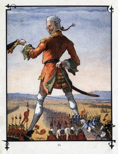 Lemuel Gulliver befaller Lilliputians armé. Illustration för "" Gulliver