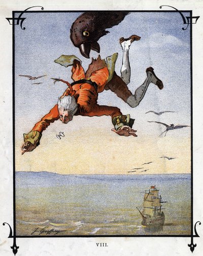 Lemuel Gulliver förs bort av en örn. Illustration för "" Gulliver
