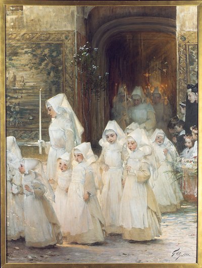 Procession av unga flickor på konfirmationsdagen, L"hopital de Beaune, 1906 av Henri Jules Jean Geoffroy