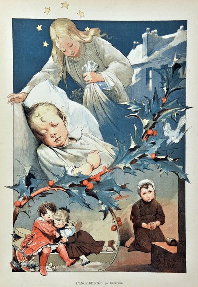 Julens ängel. Illustration av Jean GEOFFROY (1853-1924) Gravyr från 1887 i "" Paris-Illustrous journal weekly"". av Henri Jules Jean Geoffroy