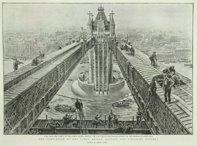 Färdigställandet av Tower Bridge: sista handen, från The Graphic, 23 juni 1894 (gravyr) av Henri Lanos