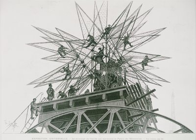 Universell utställning 1900: Installation av stjärnan på toppen av Palace of Electricity (gravyr) av Henri Lanos
