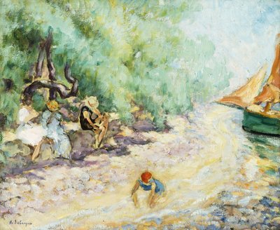 Badgäster vid sidan av en flod; Badande vid floden, av Henri Lebasque