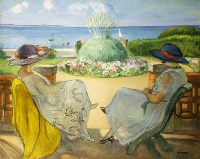 Två unga kvinnor på en terrass vid havet; Två unga flickor på en terrass mot havet, 1922 av Henri Lebasque