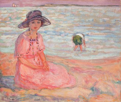 Kvinna i den rosa klänningen vid havet; Femme a la Robe Rose au bord de la Mer, c.1920 av Henri Lebasque