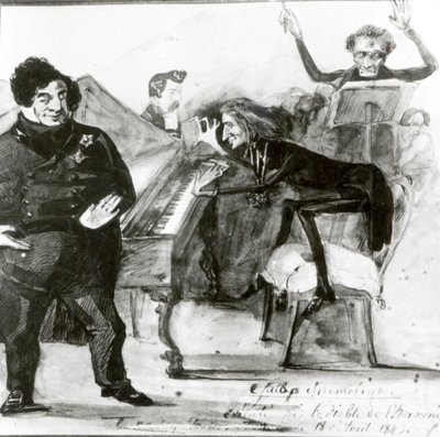 Galop Chromatique Karikatyr av Luigi Lablache, Franz Liszt (1811-86) vid pianot och Francois Habeneck av Henri Lehmann
