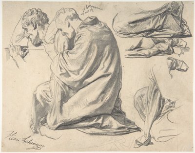 Knäande draperad manlig figur, vänd åt vänster av Henri Lehmann