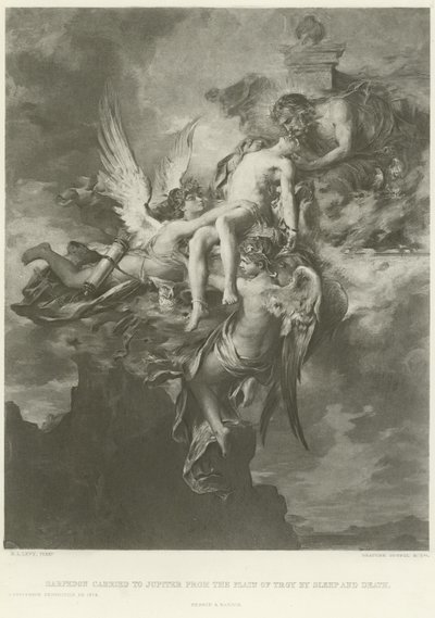 Sarpedon bärs till Jupiter från Trojaslätten med sömn och död (gravyr) av Henri Leopold Levy