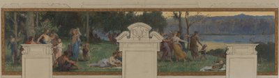 Skiss till Pantins stadshus: Allegorier över Ourcqkanalen, arbete och navigering - Fête champêtre (tak- och väggpanel) av Henri Leopold Levy