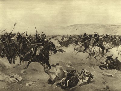 Den tunga brigadens anfall, slaget vid Balaclava, 1854 (gravyr) av Henri-Louis Dupray