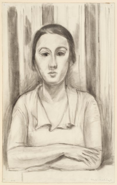 En kvinna lutar sig med armbågarna på ett bord av Henri Matisse